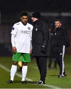 26 March 2018; Cabinteely coach Eddie Gormley speaks with Kaleem Simon during the EA SPORTS Cup First Round match between Bohemians and Cabinteely at Dalymount Park in Dublin.  Photo by David Fitzgerald/Sportsfile