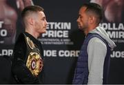 29 March 2018; Ryan Burnett, left, and Yonfrez Parejo during a press conference at City Hall in Cardiff, Wales. Photo by Lawrence Lustig / Matchroom Boxing via Sportsfile