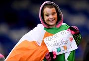 29 March 2018; Izzy King, age 6, cheers on her godfather Liam Kerrigan of Republic of Ireland during the Centenary Shield match between the Republic of Ireland Schools and Northern Ireland Schools at Monaghan United FC in Gortakeegan, Monaghan. Photo by Stephen McCarthy/Sportsfile