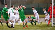 29 March 2018; Liam Kerrigan of Republic of Ireland reacts to a missed second half opportunity during the Centenary Shield match between the Republic of Ireland Schools and Northern Ireland Schools at Monaghan United FC in Gortakeegan, Monaghan. Photo by Stephen McCarthy/Sportsfile