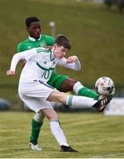 29 March 2018; Adam Carroll of Northern Ireland in action against Peter Adigun of Republic of Ireland during the Centenary Shield match between the Republic of Ireland Schools and Northern Ireland Schools at Monaghan United FC in Gortakeegan, Monaghan. Photo by Stephen McCarthy/Sportsfile