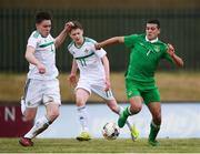 29 March 2018; Ali Regbha of Republic of Ireland in action against Kofi Balmer, left, and Patrick Burns of Northern Ireland during the Centenary Shield match between the Republic of Ireland Schools and Northern Ireland Schools at Monaghan United FC in Gortakeegan, Monaghan. Photo by Stephen McCarthy/Sportsfile