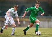 29 March 2018; Jake Walker of Republic of Ireland in action against Liam Hassin of Northern Ireland during the Centenary Shield match between the Republic of Ireland Schools and Northern Ireland Schools at Monaghan United FC in Gortakeegan, Monaghan. Photo by Stephen McCarthy/Sportsfile