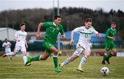 29 March 2018; Ali Regbha of Republic of Ireland in action against Patrick Burns of Northern Ireland during the Centenary Shield match between the Republic of Ireland Schools and Northern Ireland Schools at Monaghan United FC in Gortakeegan, Monaghan. Photo by Stephen McCarthy/Sportsfile