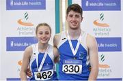25 March 2018; Siblings Clara, who won the U12 Girls Shot Put event, and Darragh Miniter, who came second in the U18 Boys 60mH, during Day 3 of the Irish Life Health National Juvenile Indoor Championships at Athlone IT, in Athlone, Westmeath. Photo by Sam Barnes/Sportsfile
