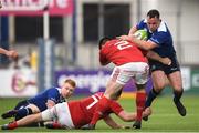 30 March 2018; Bryan Byrne of Leinster A is tackled by Kevin O’Byrne of Munster A during the British & Irish Cup Quarter-Final match between Leinster A and Munster A at Energia Park in Donnybrook, Dublin. Photo by Ramsey Cardy/Sportsfile