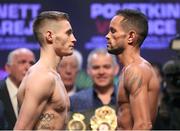 30 March 2018; Ryan Burnett, left, and Yonfrez Parejo square off after weighing in at the Motor Point Arena in Cardiff, Wales. Photo by Lawrence Lustig / Matchroom Boxing via Sportsfile