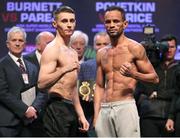 30 March 2018; Ryan Burnett, left, and Yonfrez Parejo after weighing in at the Motor Point Arena in Cardiff, Wales. Photo by Lawrence Lustig / Matchroom Boxing via Sportsfile