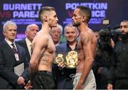 30 March 2018; Ryan Burnett, left, and Yonfrez Parejo square off after weighing in at the Motor Point Arena in Cardiff, Wales. Photo by Lawrence Lustig / Matchroom Boxing via Sportsfile