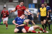 30 March 2018; Óisín Dowling of Leinster A is tackled by Alex McHenry of Munster A during the British & Irish Cup Quarter-Final match between Leinster A and Munster A at Energia Park in Donnybrook, Dublin. Photo by Ramsey Cardy/Sportsfile