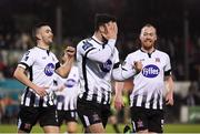 30 March 2018; Patrick Hoban celebrates with his Dundalk team-mates Chris Shields, right, and Michael Duffy, left, after scoring his side's first goal, a penalty, during the SSE Airtricity League Premier Division match between Dundalk and Bohemians at Oriel Park in Louth. Photo by Stephen McCarthy/Sportsfile