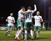 30 March 2018; Kieran Sadlier of Cork City, 11, celebrates with team-mates after scoring his side's third goal during the SSE Airtricity League Premier Division match between Bray Wanderers and Cork City at the Carlisle Grounds in Wicklow. Photo by Seb Daly/Sportsfile