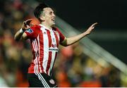 30 March 2018; Aaron McEneff of Derry City celebrates after scoring his side's second goal during the SSE Airtricity League Premier Division match between Derry City and St Patrick's Athletic at the Brandywell Stadium in Derry. Photo by Oliver McVeigh/Sportsfile