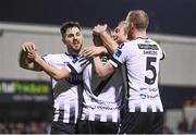 30 March 2018; Michael Duffy, second from left, is congratulated by his Dundalk team-mates Patrick Hoban, left, John Mountney and Chris Shields, 5, after scoring their third goal during the SSE Airtricity League Premier Division match between Dundalk and Bohemians at Oriel Park in Louth. Photo by Stephen McCarthy/Sportsfile