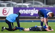 30 March 2018; Peadar Timmins checks on Leinster A teammate Ciaran Frawley after picking up an injury during the British & Irish Cup Quarter-Final match between Leinster A and Munster A at Energia Park in Donnybrook, Dublin. Photo by Ramsey Cardy/Sportsfile