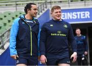 31 March 2018; James Lowe, left, and Tadhg Furlong arrive for the Leinster Rugby captain's run at the Aviva Stadium in Dublin. Photo by Ramsey Cardy/Sportsfile