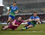 31 March 2018; Kieran Marmion of Connacht goes over to score his side's first try despite the tackle of Tom Marshall of Gloucester during the European Rugby Challenge Cup Quarter-Final match between Connacht and Gloucester at the Sportsground in Galway. Photo by Seb Daly/Sportsfile