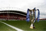 31 March 2018; A general view of the Champions Cup trophy on the Thomond Park pitch prior to the European Rugby Champions Cup quarter-final match between Munster and RC Toulon at Thomond Park in Limerick. Photo by Diarmuid Greene/Sportsfile