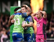 31 March 2018; Matt Healy of Connacht is congratulated by team-mate Bundee Aki after scoring his side's fourth try during the European Rugby Challenge Cup Quarter-Final match between Connacht and Gloucester at the Sportsground in Galway. Photo by Seb Daly/Sportsfile