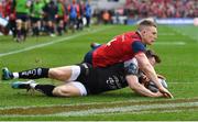 31 March 2018; Andrew Conway of Munster is denied a try by Chris Ashton of RC Toulon during the European Rugby Champions Cup quarter-final match between Munster and RC Toulon at Thomond Park in Limerick. Photo by Brendan Moran/Sportsfile