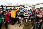 31 March 2018; Gorey captain Stephen Gardener leads his team out with mascot Mary and John Canavan before the Bank of Ireland Provincial Towns Cup Round 3 match between Gorey and Tullow at Gorey RFC in Wexford. Photo by Matt Browne/Sportsfile