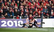 31 March 2018; Andrew Conway in action against Chris Ashton of RC Toulon during the European Rugby Champions Cup quarter-final match between Munster and RC Toulon at Thomond Park in Limerick. Photo by Diarmuid Greene/Sportsfile