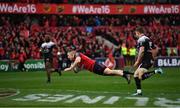 31 March 2018; Andrew Conway of Munster scores his side's second try during the European Rugby Champions Cup quarter-final match between Munster and RC Toulon at Thomond Park in Limerick. Photo by Brendan Moran/Sportsfile