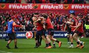 31 March 2018; Andrew Conway of Munster celebrates with team-mates after scoring their side's second try during the European Rugby Champions Cup quarter-final match between Munster and RC Toulon at Thomond Park in Limerick. Photo by Brendan Moran/Sportsfile