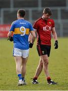 31 March 2018; Peter Turley of Down shakes hands with David McGrath of Tipperary after the Allianz Football League Roinn 2 Round 6 match between Down and Tipperary at Páirc Esler in Newry, Co Down. Photo by Oliver McVeigh/Sportsfile