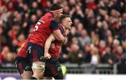 31 March 2018; Andrew Conway of Munster celebrates with team-mate Billy Holland after scoring his side's second try during the European Rugby Champions Cup quarter-final match between Munster and RC Toulon at Thomond Park in Limerick. Photo by Diarmuid Greene/Sportsfile