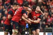 31 March 2018; Andrew Conway of Munster celebrates with team-mates Conor Murray, Billy Holland, Sammy Arnold, and Alex Wootton after scoring his side's second try during the European Rugby Champions Cup quarter-final match between Munster and RC Toulon at Thomond Park in Limerick. Photo by Diarmuid Greene/Sportsfile