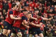 31 March 2018; Andrew Conway of Munster celebrates with team-mates Darren Sweetnam, James Cronin, Billy Holland, Sammy Arnold, and Alex Wootton after scoring his side's second try during the European Rugby Champions Cup quarter-final match between Munster and RC Toulon at Thomond Park in Limerick. Photo by Diarmuid Greene/Sportsfile