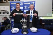 31 March 2018; Sean O'Brien of Leinster and Leinster Rugby Junior Vice President Robert Deacon, right, draw Tullow RFC and Wicklow RFC during the draw for the semifinal of the Bank of Ireland Provincial Towns Cup at Gorey RFC Clubhouse in Wexford. Photo by Matt Browne/Sportsfile