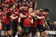 31 March 2018; Andrew Conway of Munster celebrates with team-mates Darren Sweetnam, Billy Holland, Sammy Arnold, and Alex Wootton after scoring his side's second try during the European Rugby Champions Cup quarter-final match between Munster and RC Toulon at Thomond Park in Limerick. Photo by Diarmuid Greene/Sportsfile