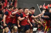 31 March 2018; Andrew Conway of Munster celebrates with team-mates Darren Sweetnam, James Cronin, Billy Holland, Sammy Arnold, and Alex Wootton after scoring his side's second try during the European Rugby Champions Cup quarter-final match between Munster and RC Toulon at Thomond Park in Limerick. Photo by Diarmuid Greene/Sportsfile