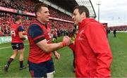 31 March 2018; Munster's CJ Stander, left, and head coach Johann van Graan celebrate after the European Rugby Champions Cup quarter-final match between Munster and Toulon at Thomond Park in Limerick. Photo by Brendan Moran/Sportsfile