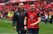 31 March 2018; Simon Zebo, left, and Billy Holland of Munster celebrate after the European Rugby Champions Cup quarter-final match between Munster and RC Toulon at Thomond Park in Limerick. Photo by Brendan Moran/Sportsfile