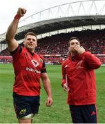 31 March 2018; Munster's CJ Stander, left, and head coach Johann van Graan celebrate after the European Rugby Champions Cup quarter-final match between Munster and RC Toulon at Thomond Park in Limerick. Photo by Brendan Moran/Sportsfile