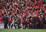 31 March 2018; Munster players including Simon Zebo, JJ Hanrahan, Dave Kilcoyne, Conor Murray, Stephen Archer, and Jean Kleyn, and team manager Niall O'Donovan celebrate during the final seconds of the European Rugby Champions Cup quarter-final match between Munster and RC Toulon at Thomond Park in Limerick. Photo by Diarmuid Greene/Sportsfile