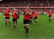 31 March 2018; Munster players, including, from left, Jean Kleyn, Rhys Marshall and Billy Holland celebrate after the European Rugby Champions Cup quarter-final match between Munster and RC Toulon at Thomond Park in Limerick. Photo by Brendan Moran/Sportsfile