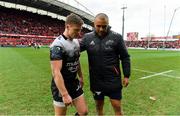 31 March 2018; Simon Zebo of Munster, right, with Chris Ashton of RC Toulon after the European Rugby Champions Cup quarter-final match between Munster and RC Toulon at Thomond Park in Limerick. Photo by Brendan Moran/Sportsfile