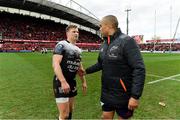 31 March 2018; Simon Zebo of Munster, right, with Chris Ashton of RC Toulon after the European Rugby Champions Cup quarter-final match between Munster and RC Toulon at Thomond Park in Limerick. Photo by Brendan Moran/Sportsfile