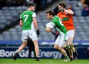 31 March 2018; Declan McCusker of Fermanagh, supported by team-mate James McMahon, left, gets past Andrew Murnin of Armagh during the Allianz Football League Division 3 Final match between Armagh and Fermanagh at Croke Park in Dublin. Photo by Piaras Ó Mídheach/Sportsfile