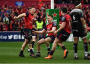 31 March 2018; Andrew Conway of Munster, left, celebrates with team-mates after scoring their side's second try during the European Rugby Champions Cup quarter-final match between Munster and RC Toulon at Thomond Park in Limerick. Photo by Brendan Moran/Sportsfile