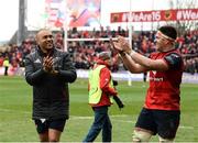 31 March 2018; Simon Zebo and Billy Holland of Munster celebrate after the European Rugby Champions Cup quarter-final match between Munster and RC Toulon at Thomond Park in Limerick. Photo by Diarmuid Greene/Sportsfile