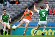 31 March 2018; Ryan McShane of Armagh in action against Barry Mulrone, left, and Che Cullen of Fermanagh during the Allianz Football League Division 3 Final match between Armagh and Fermanagh at Croke Park in Dublin. Photo by Piaras Ó Mídheach/Sportsfile