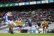 1 April 2018; Martin Reilly of Cavan shoots to score his side's second goal, a penalty, during the Allianz Football League Division 2 Final match between Cavan and Roscommon at Croke Park in Dublin. Photo by Stephen McCarthy/Sportsfile