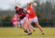 1 April 2018; Marie O'Callaghan of Cork in action against Tracey Leonard of Galway during the Lidl Ladies Football National League Division 1 Round 7 match between Galway and Cork at Clonberne GAA Pitch in Ballinasloe, Co Galway. Photo by Eóin Noonan/Sportsfile