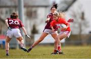 1 April 2018; Orla Finn of Cork in action against Charlotte Cooney  of Galway during the Lidl Ladies Football National League Division 1 Round 7 match between Galway and Cork at Clonberne GAA Pitch in Ballinasloe, Co Galway. Photo by Eóin Noonan/Sportsfile