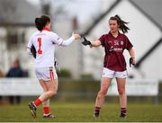 1 April 2018; Roisin Leonard of Galway shaking hands with Martina O'Brien of Cork after the Lidl Ladies Football National League Division 1 Round 7 match between Galway and Cork at Clonberne GAA Pitch in Ballinasloe, Co Galway. Photo by Eóin Noonan/Sportsfile